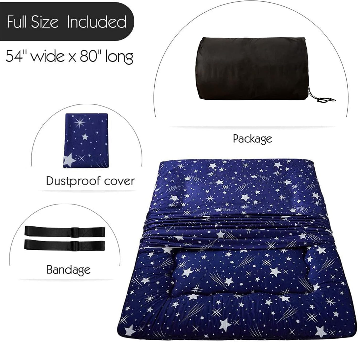 MAXYOYO Navy Starry Sky Japanese Futon Mattress, Tatami Floor Mat, Portable Camping Sleeping Pad, Foldable Roll Up Lounger Bed Full Size with Mattress Protector Cover