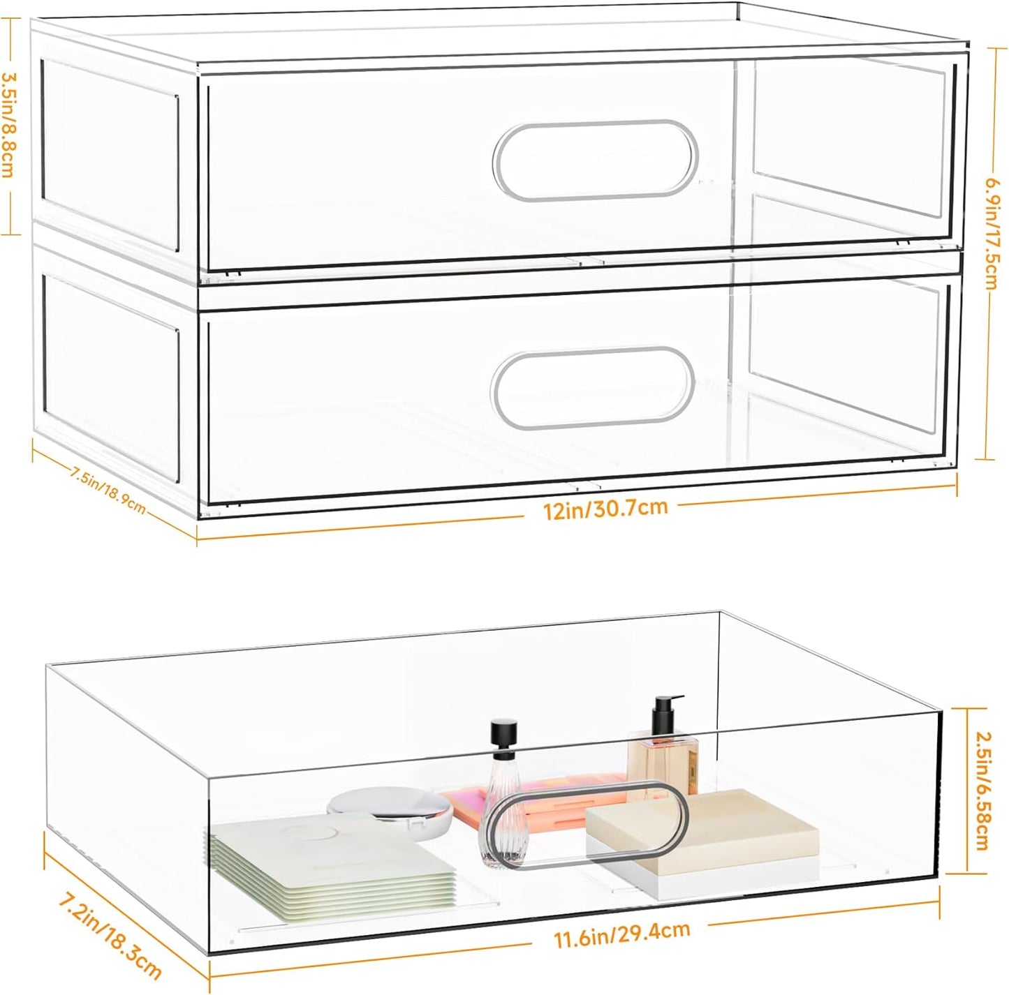 Clear Makeup Storage Drawer, 12''W Stackable Bathroom Organizers and Storage Drawer, Acrylic Cosmetic Display Case For Vanity, Undersink, Cabinets, Desk Organizer (3 Pack)