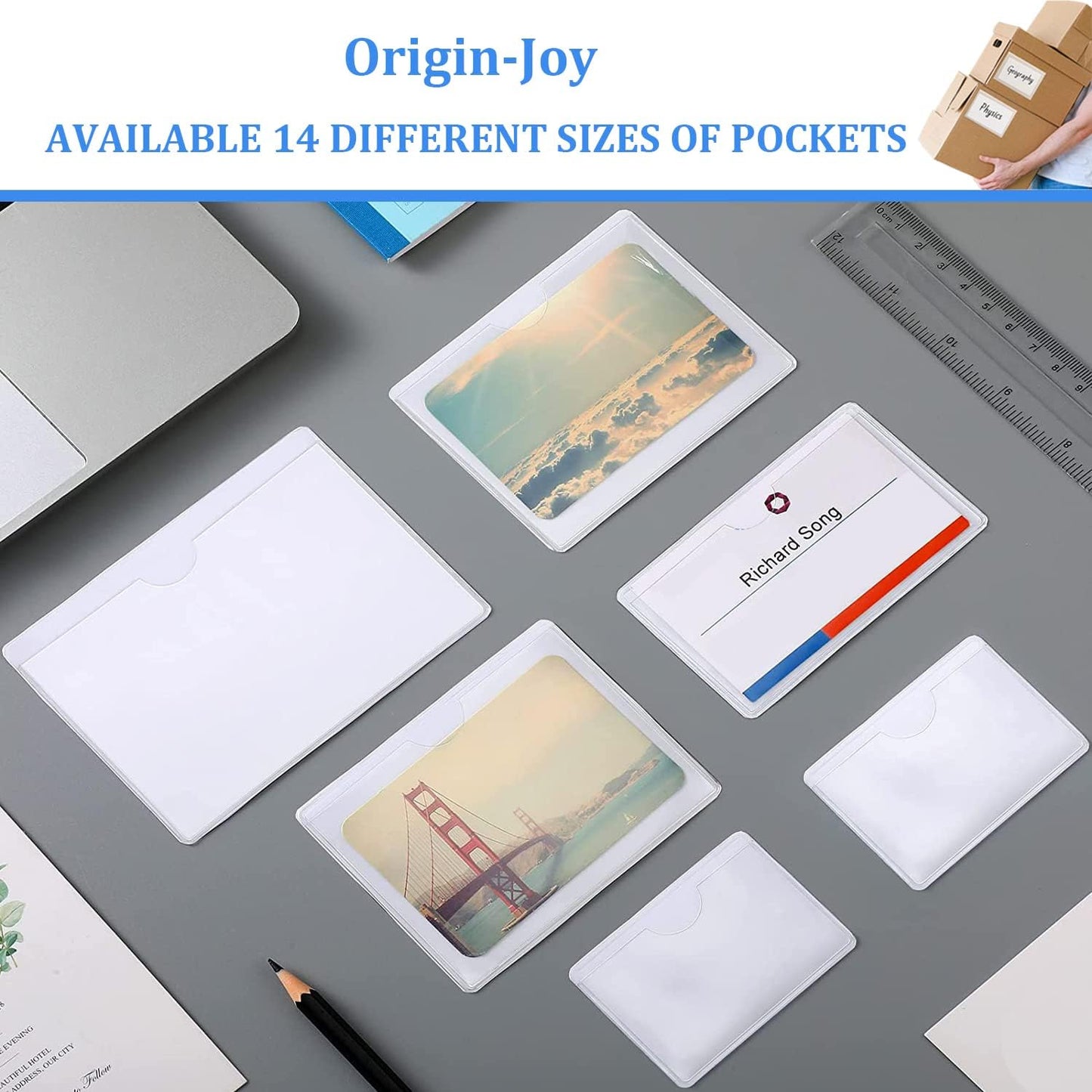 Origin-Joy 25 PCS Self-Adhesive Index Label Pockets, Clear Plastic Peel & Stick Card Holders with Top Open for Loading (3.5 x 2.75 inch)