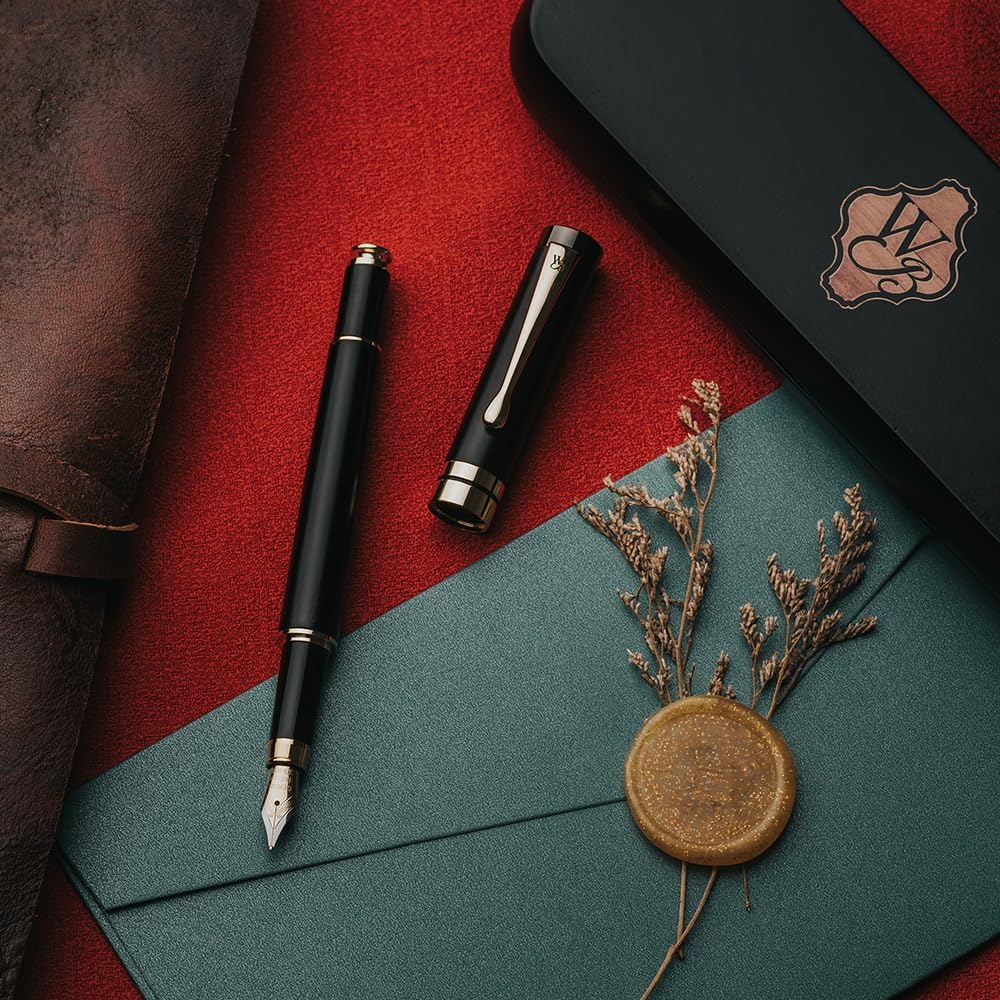Wordsworth & Black Fountain Pen Set, Luxury Bamboo Wood - Medium Nib, Gift Case; Includes 6 Ink Cartridges, Ink Refill Converter -Journaling, Calligraphy, Drawing, Smooth Writing [Black Wood]