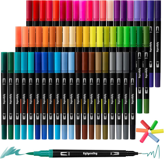 60 Coloring Pens for Adult Coloring Books, Dual Tip Brush Pens, Felt Markers with Fine and Brush Watercolor Marker Set for Kid Adult Artist Drawing