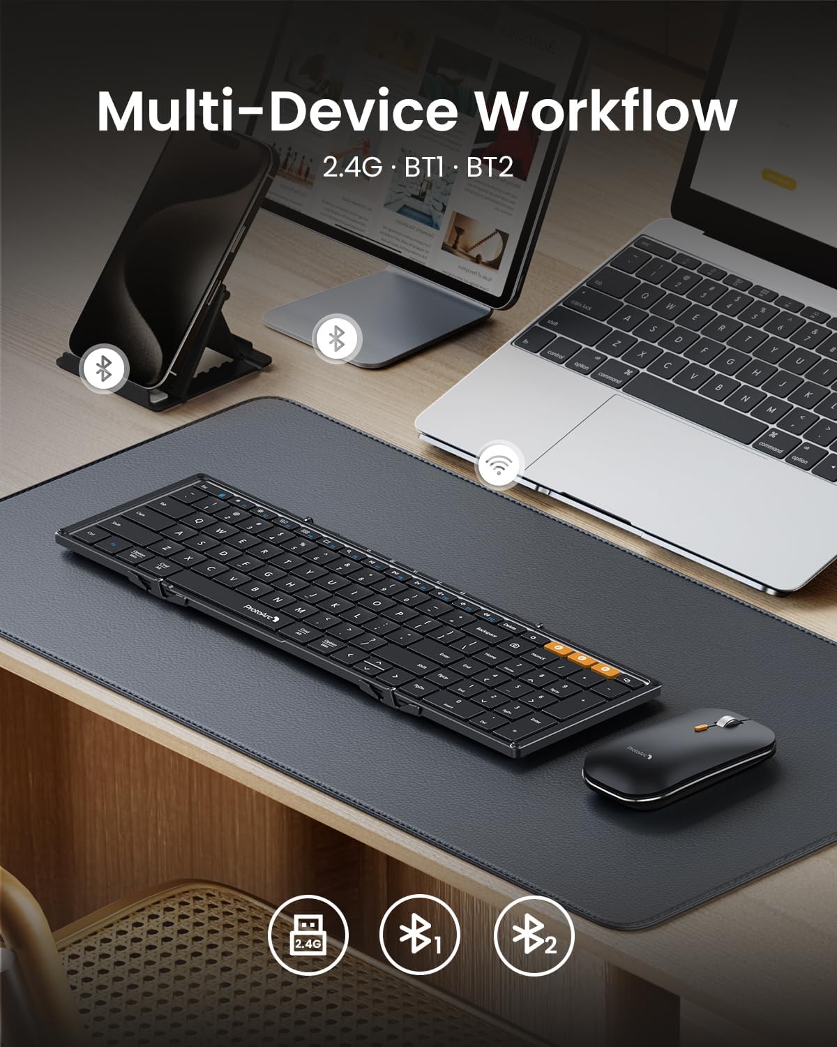 ProtoArc Foldable Keyboard and Mouse, XKM01 True Full-Size Folding Bluetooth Keyboard Mouse Combo for Business Travel, a Portable Office Suite On-The-Go, Compatible with Laptop iPad Tablet - Black
