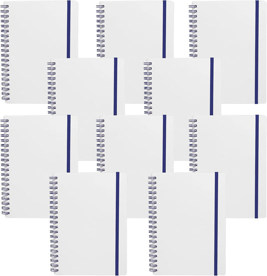 10 White Spiral Notebooks with Elastic Band Pack - 80 lined pages, Recycled - Blue