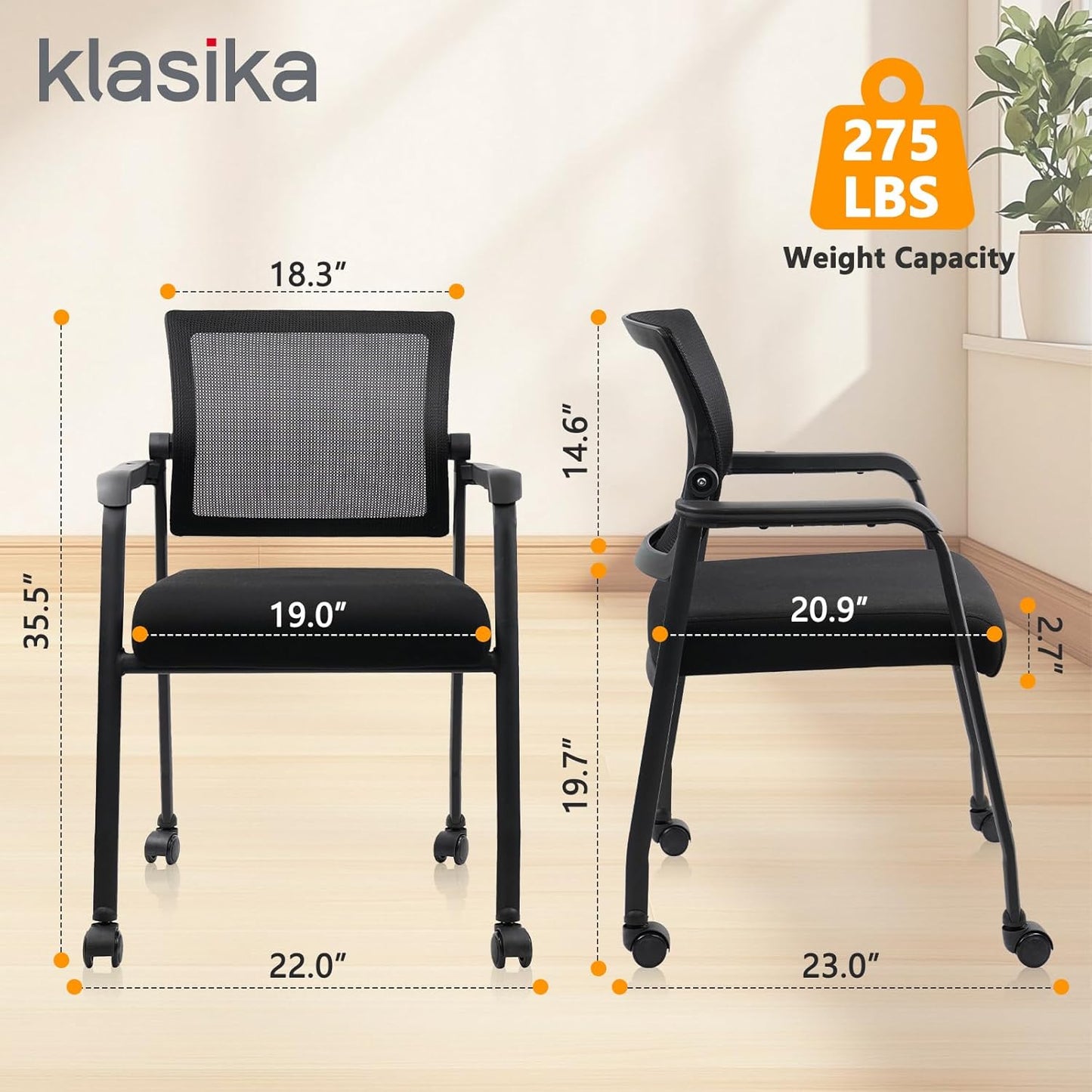 Waiting Room Chairs with Wheels, Adjustable Mesh Backrest, Desk Chair with Ergonomic Lumbar Support and Thickened Seats Cushion, 8 Pack Black