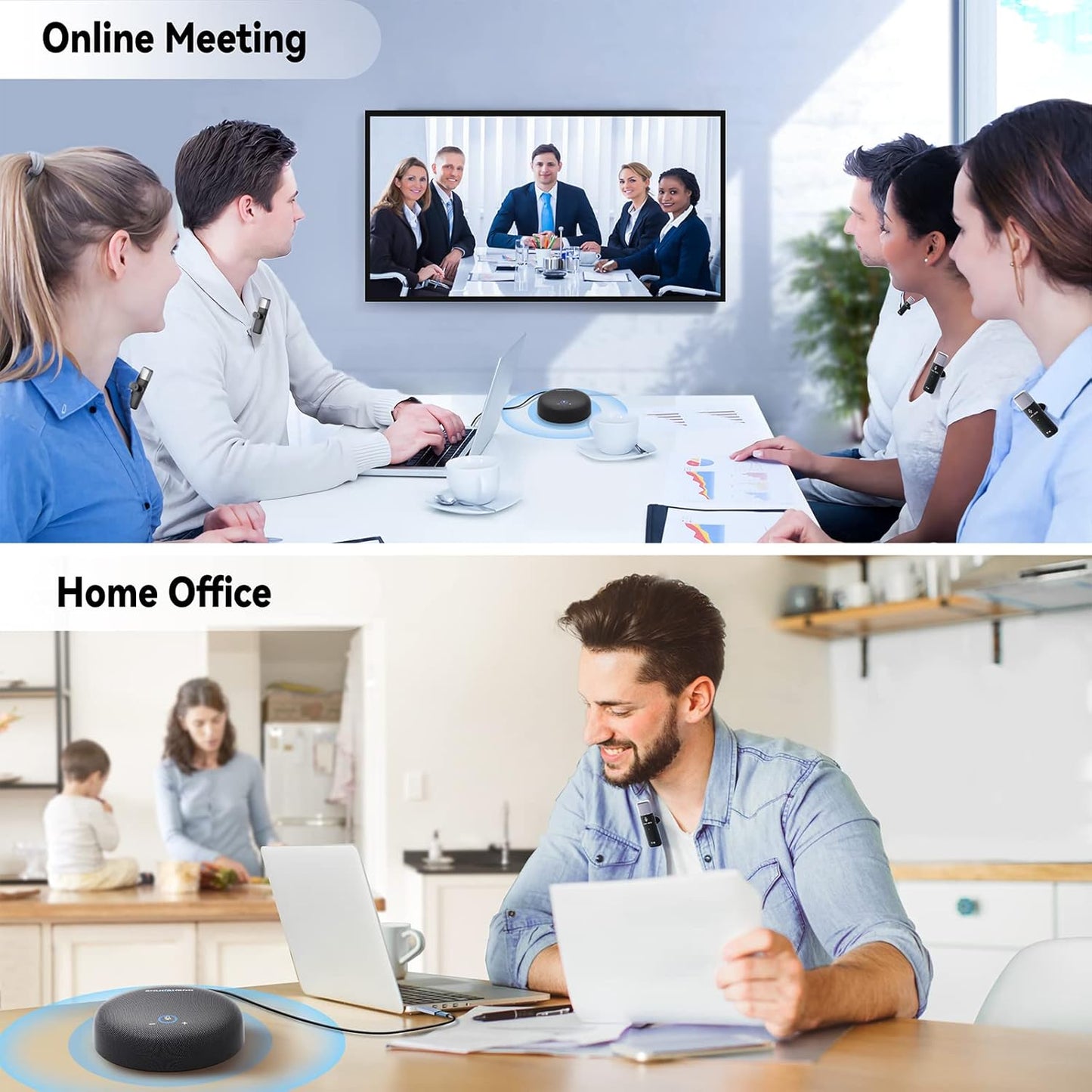 Conference Speaker and Microphone, USB Speakerphone w/Muteable/65ft Wireless Distance/360° Pickup & Noise Cancellation Conference Room Omnidirectional Microphone for Home Office