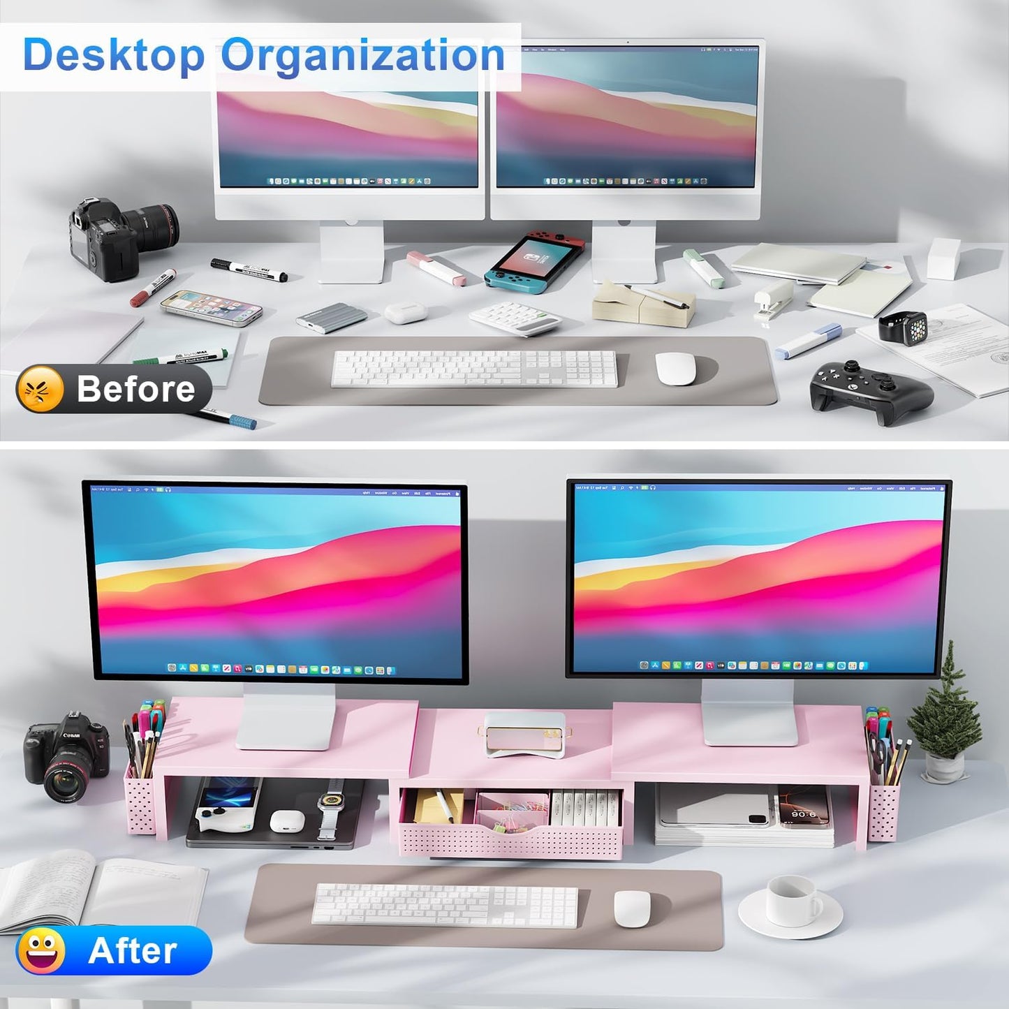 gianotter Dual Monitor Stand Riser, Desk Organizer With Drawer and 2 Pen Holders,Desk Organizers and Accessories, Pink Office Supplies (Pink)