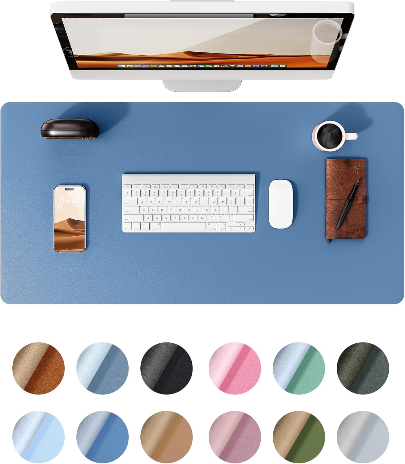YSAGi Leather Desk Protector, Office Mat, Large Mouse Pad, Non-Slip PU Leather Blotter, Laptop Desk, Waterproof Writing Pad for Office and Home (Sea Blue, 35.4" x 17")