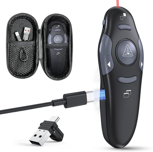 Presentation Clicker with Case Storage: PowerPoint Wireless Presenter Remote USB Type C Rechargeable Red Laser Pointer Clickers for Computer Project Mac PPT Slideshow Google Slide Advancer