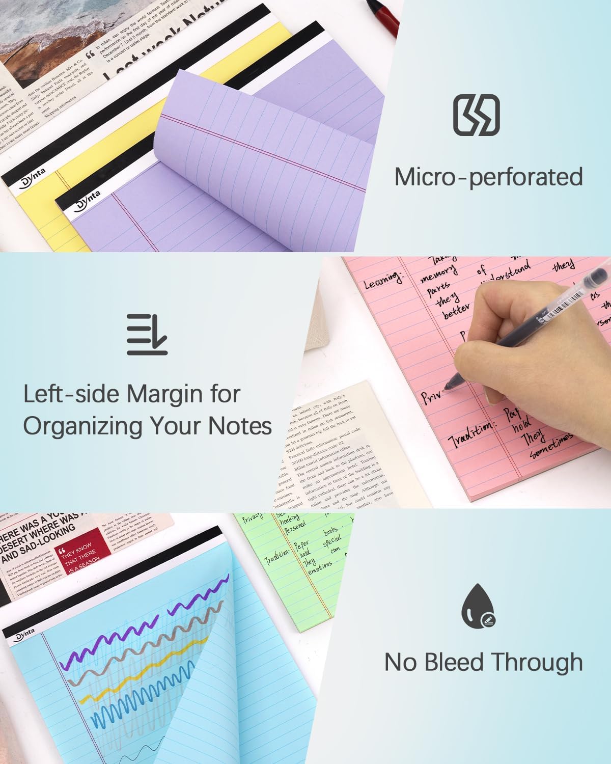 Dynta Legal Pads 8.5 x 11 Note Pads 12 Packs Bulk, Wide Ruled Assorted Colored Notepads Micro Perforated, Writing Legal Pad for Home School Office Business Travel Work, 45 Sheets/90 Pages