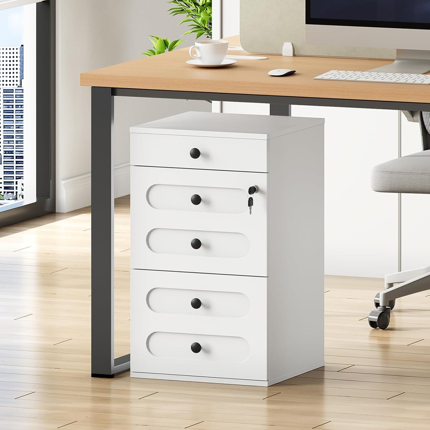 HOOBRO 3 Drawer File Cabinet with Lock, Wooden Farmhouse Office Storage Cabinet, Under Desk Mobile Filing Cabinet fits Letter / A4 Size for Home Office, Modern Rolling Printer Cart, White WT32WJ01