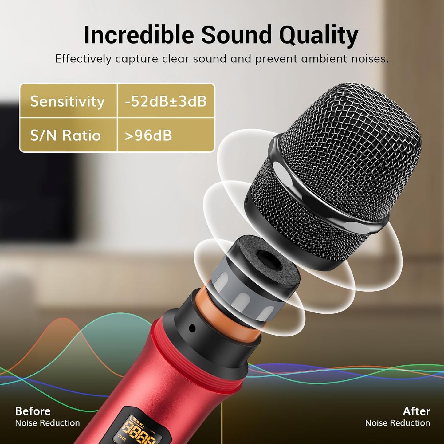 TONOR Wireless Microphones System with 4x10 Channels Dynamic Handheld Mics 4 Antennas for 295FT Long Distance Mic with Adjustable Frequencies Auto Connect for Singing Party Church Karaoke, Silver&Red
