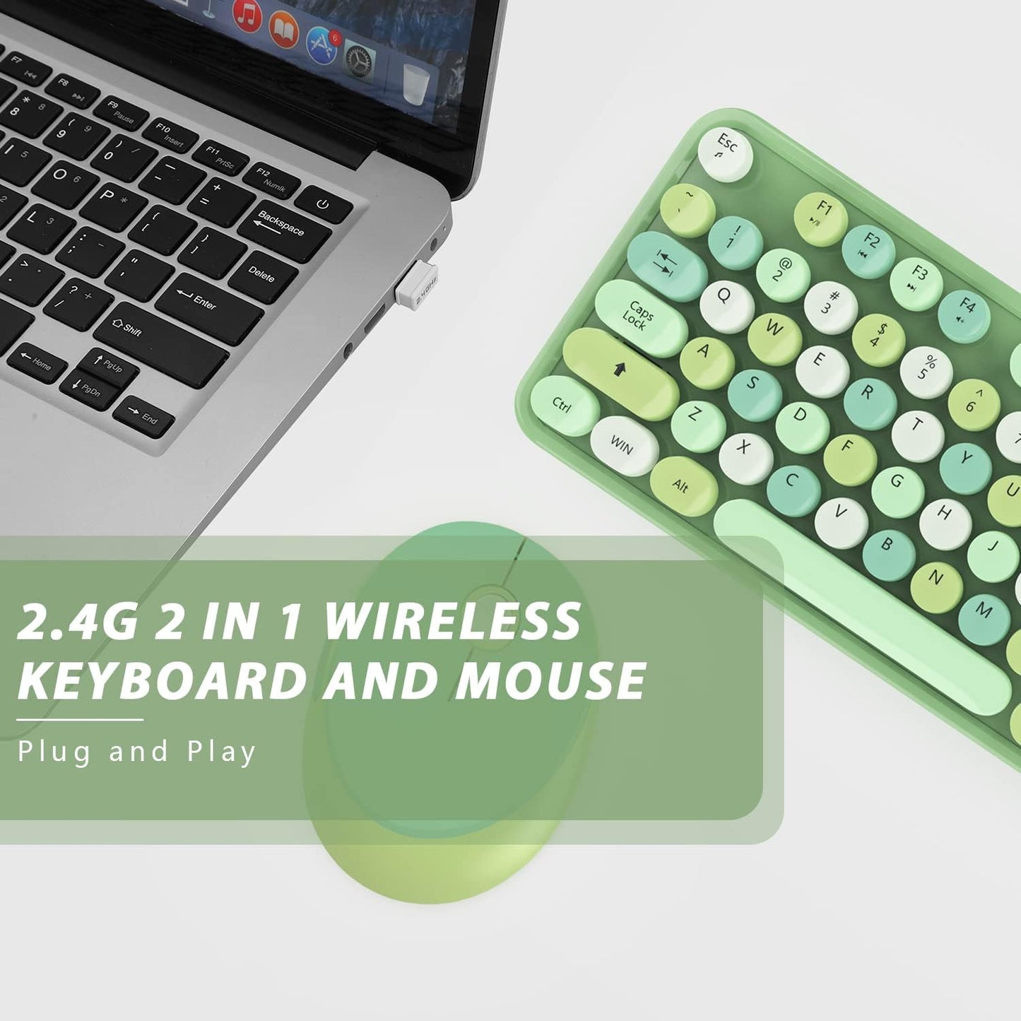 Wireless Keyboard and Mouse Combo, Cute Colorful 104-Key Typewriter Retro Round Keycaps Keyboard for PC Laptop,Windows,Desktop,Perfer for Home and Office Keyboards (Green)