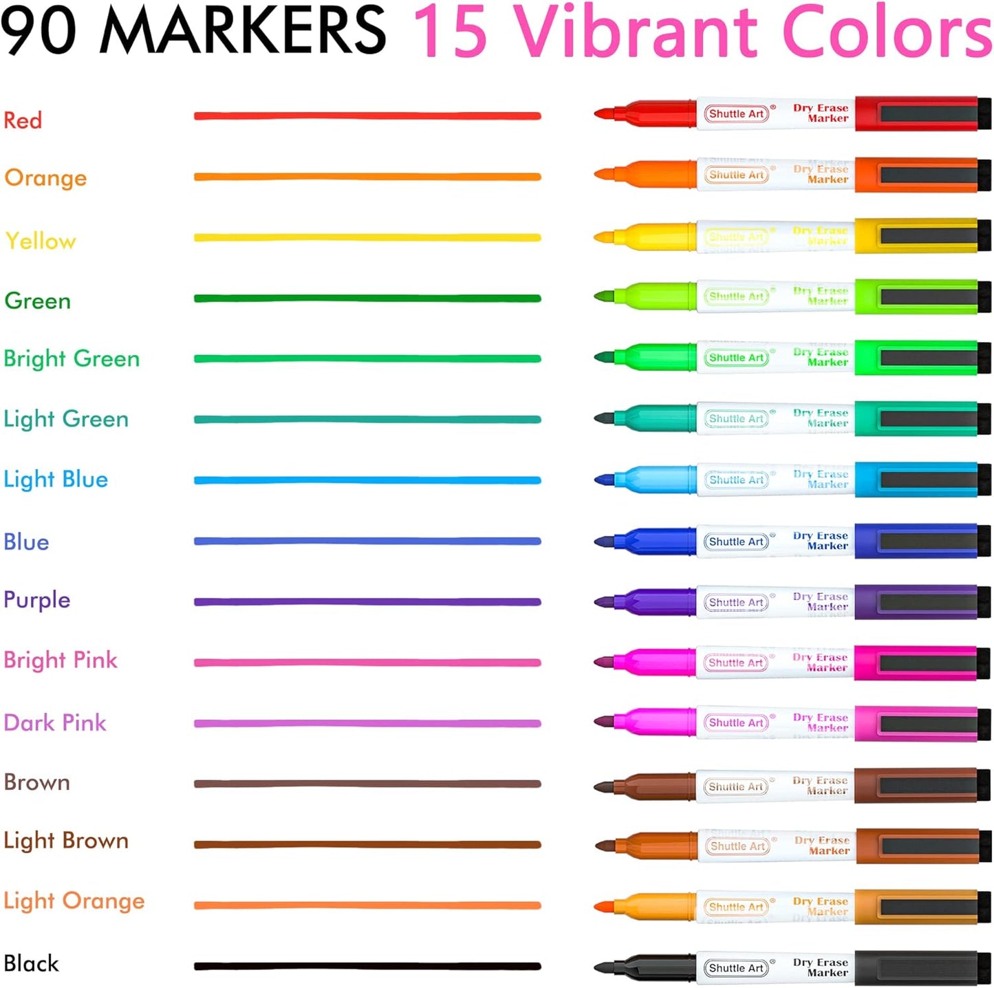 Shuttle Art Dry Erase Markers, 90 Bulk Pack 15 Colors Magnetic Whiteboard Markers with Erase, Fine Point Dry Erase Markers are Perfect for Writing on Whiteboard Mirrors Glass for School Office