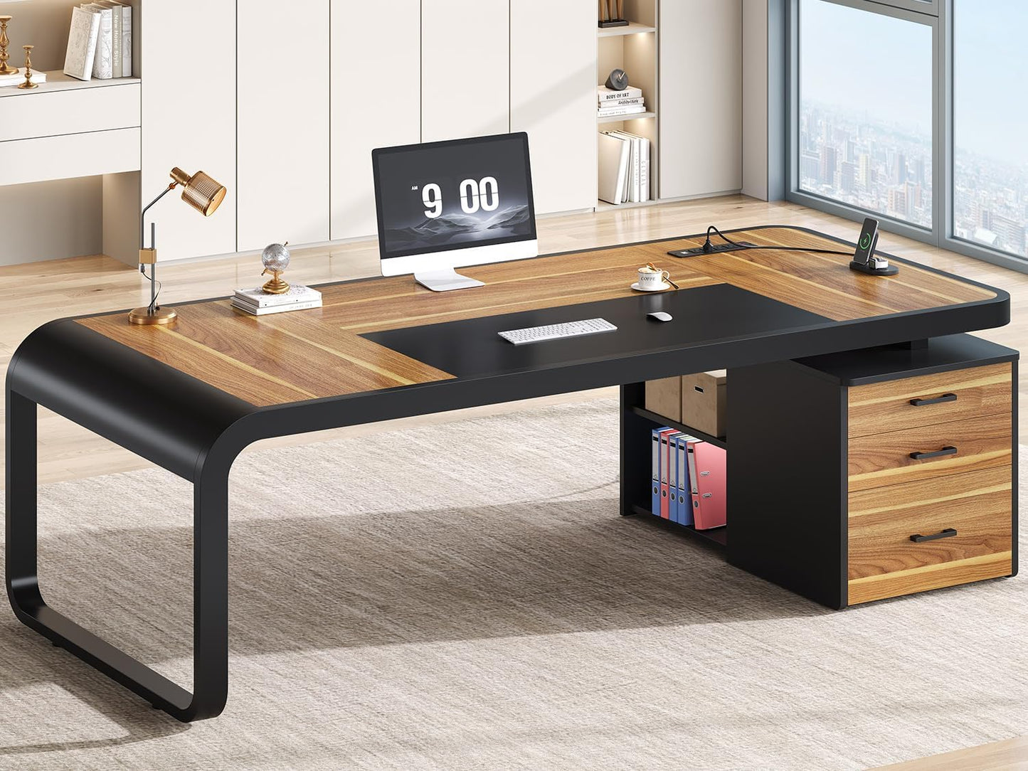 Itaar 70.9" Executive Desk, Large Computer Desk with Drawers and Lateral File Cabinet, Office Desk with Removable Shelves, Business Furniture Desk Workstation for Home Office, Light Walnut