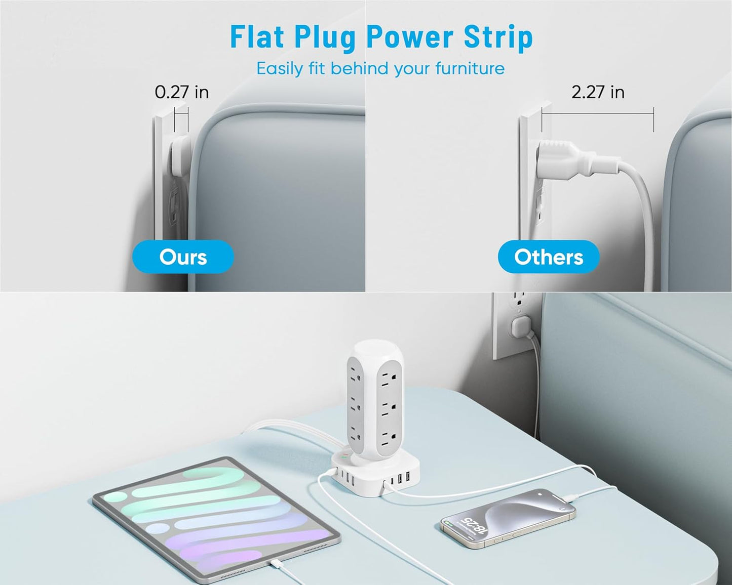 Tower Power Strip with Surge Protection, Flat Plug Outlet Extender with 12 AC Outlets & 8 USB Ports, 5 FT Extension Cord with Multiple Outlets, 24W Total Charging Station for Home Office Dorm Room