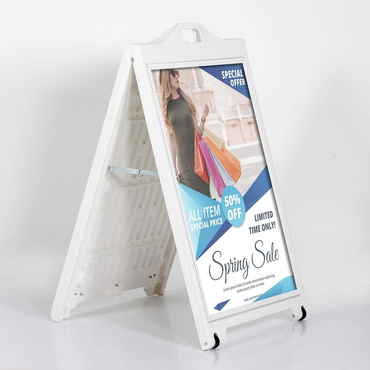 M&T Displays Street SignPro with Lens Protective Cover, 24x36 Inch Poster White Double Sided Sandwich Board Folding A-Frame Sidewalk Curb Sign Portable Advertising Display for Restaurant Cafe