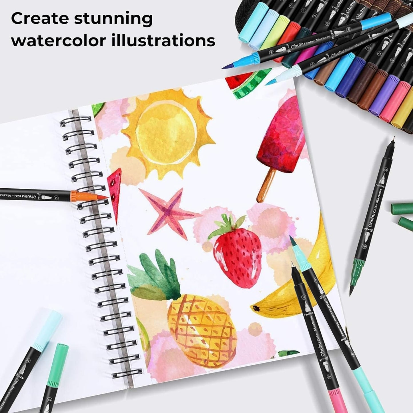 Ohuhu Markers for Adult Coloring Books: 100 Colors Brush Pens Dual Brush Fine Tip Drawing Pens Water-Based Coloring Markers for Calligraphy Bullet Journal with Carrying Case - Maui - Black