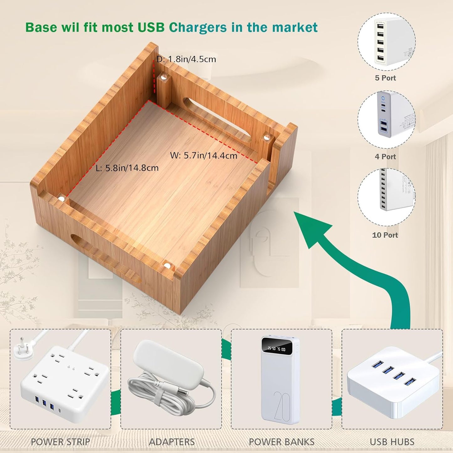 Pezin & Hulin Bamboo Charging Station for Multiple Devices with 5 Port USB Charger, 5 Cables, Smart Watch & Earbuds Stand, Desk Docking Stations Electronic Organizer for Cell Phone, Tablet