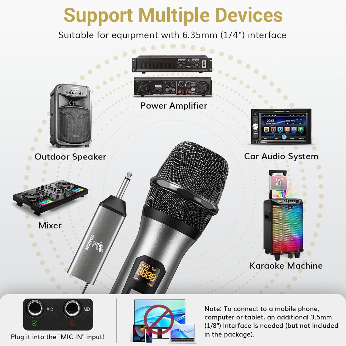 TONOR Wireless Microphone, UHF Metal Cordless Handheld Mic System with Rechargeable Receiver, for Karaoke, Singing, Party, Wedding, DJ, Speech, 200ft (TW620), Silver
