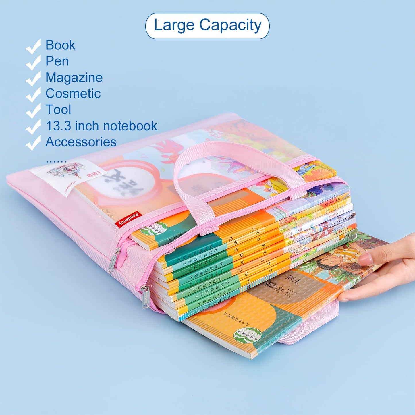 Pendancy Mesh Zipper Pouch 11x13.7 in, 2 pcs Large Double Pocket Waterproof File Bag with Handle, A4 Size Foldable Document Storage for Puzzle Project/Cross Stitch/Travel/Office（Blue Green）