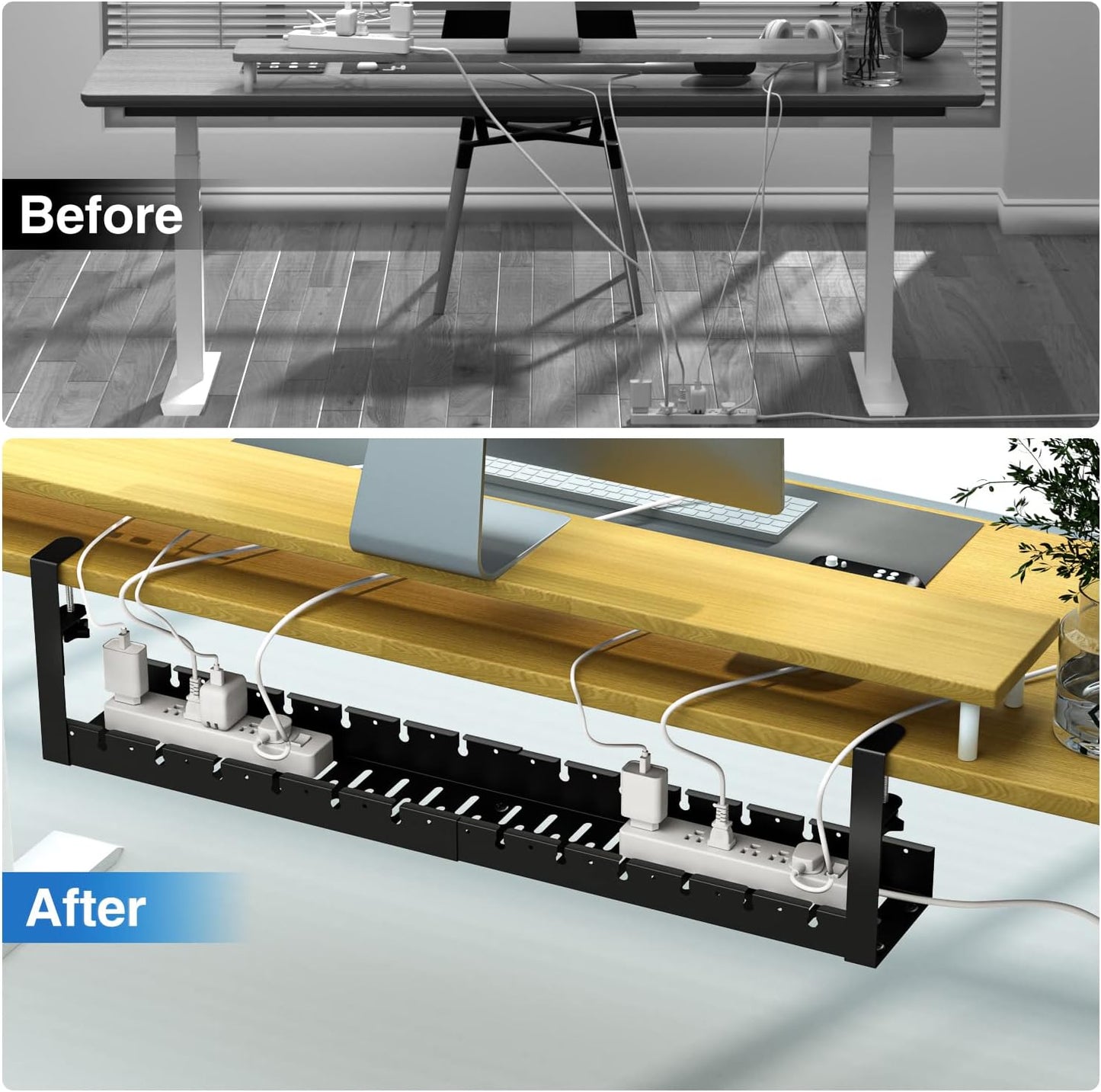 No Drilling Extendable Under Desk Cable Management, Metal Cable Management Tray Under Desk with Clamp, Retractable Power Strip Cord Holder for Wire Management 31Inch(1 Pack Black Extendable 31')