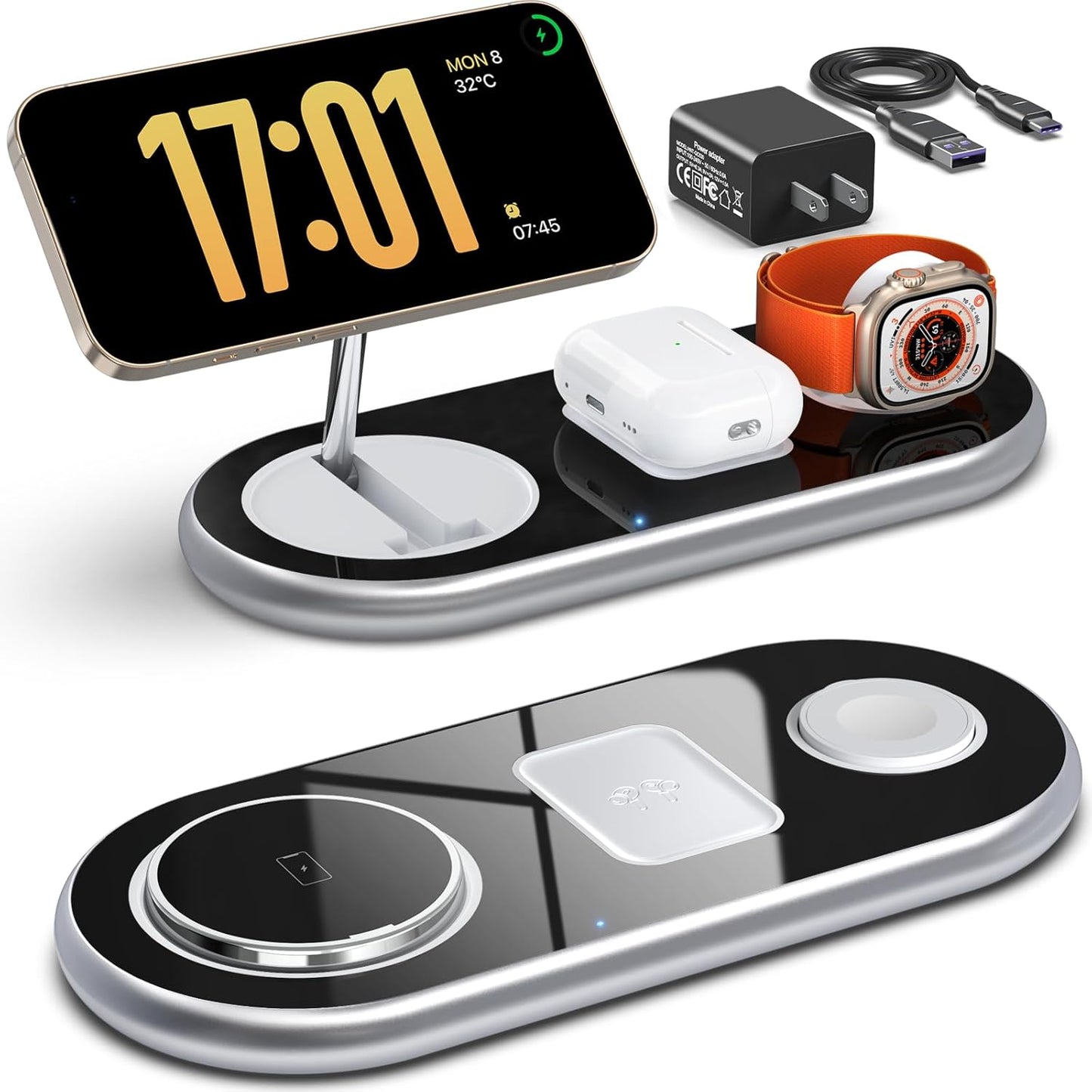 3 in 1 Charging Station for Apple Devices, Faster Mag-Safe Charger Stand, Magnetic Wireless Charger Station for iPhone 16 15 14 13 12 Pro Max Plus, Apple Watch iwacth & AirPods, Adjustable Angle