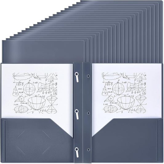 Lincia 100 Pcs Plastic Folders with Pockets and Prong Folders with Prongs Plastic Folders with 2 Pockets Pocket Folders for Office, School for Students, Teachers, Office Workers (Grey Blue)