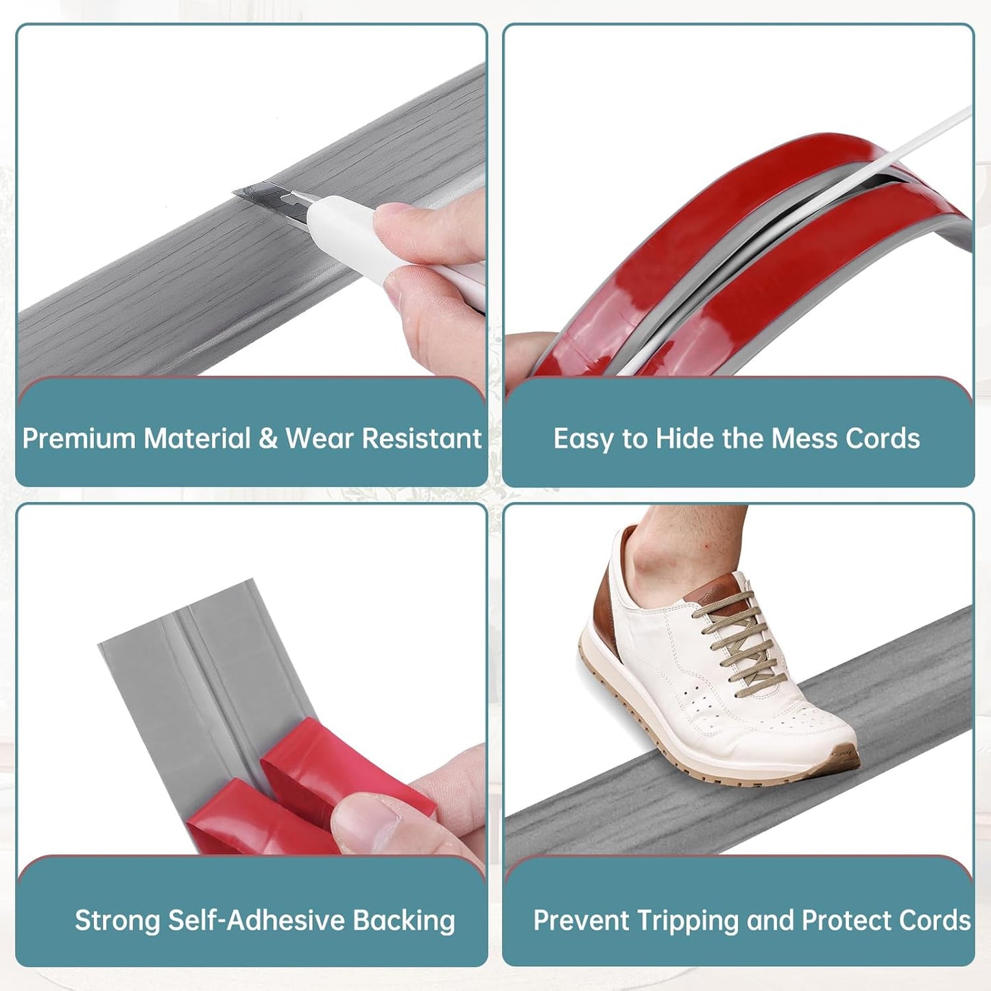 Floor Cord Cover Self Adhesive Cord Hider Floor Extension Cord Covers for Floor Power Cord Protector Cable Management Prevent Cable Trips Cable Cavity 0.32" W x 0.32" H (Light Grey Wood, 3.3Ft)