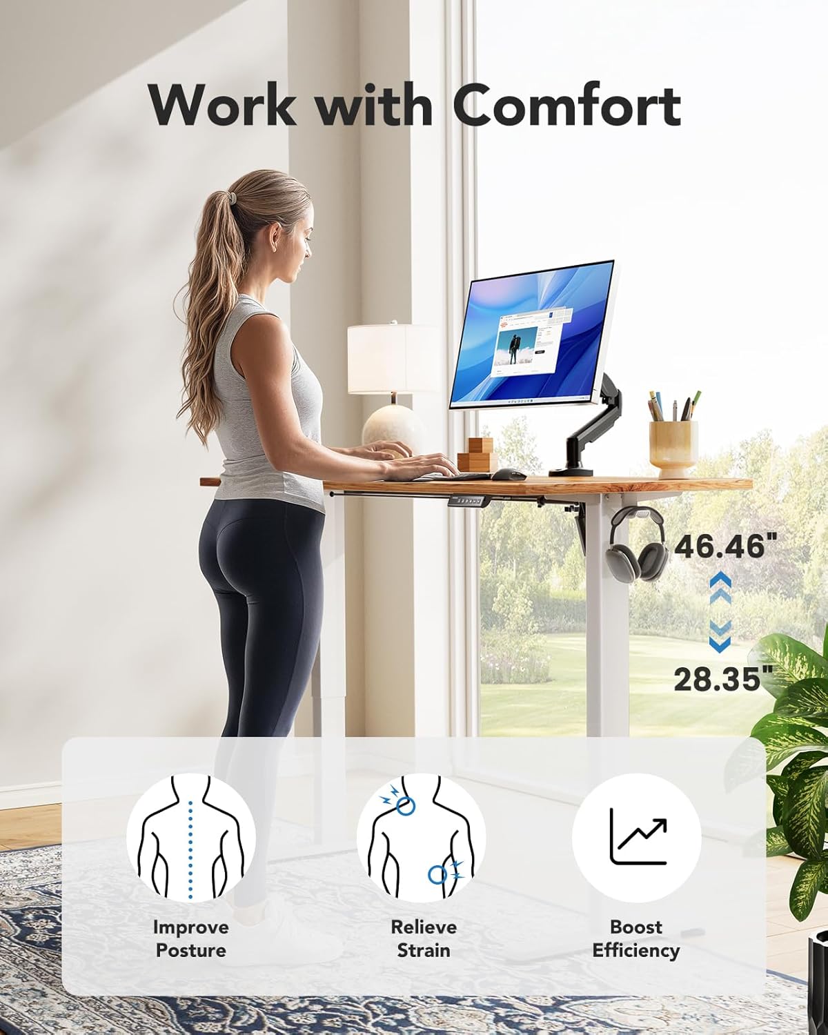 HUANUO Electric Standing Desks, 60" x 24" Whole Piece Desktop, Adjustable Height Computer Desk, 4 Height Memory Settings, Sit Stand Up Desk for Home Office, Light Vintage