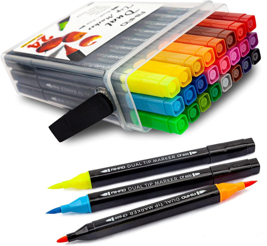 AIHAO Markers for Kids,Washable Markers With Stand Portable Box,Dual Tip Set, Brush & Fine Tips, 24 Pack, Art Supplies for Coloring, Doodling, Sketching, Drawing, Journaling
