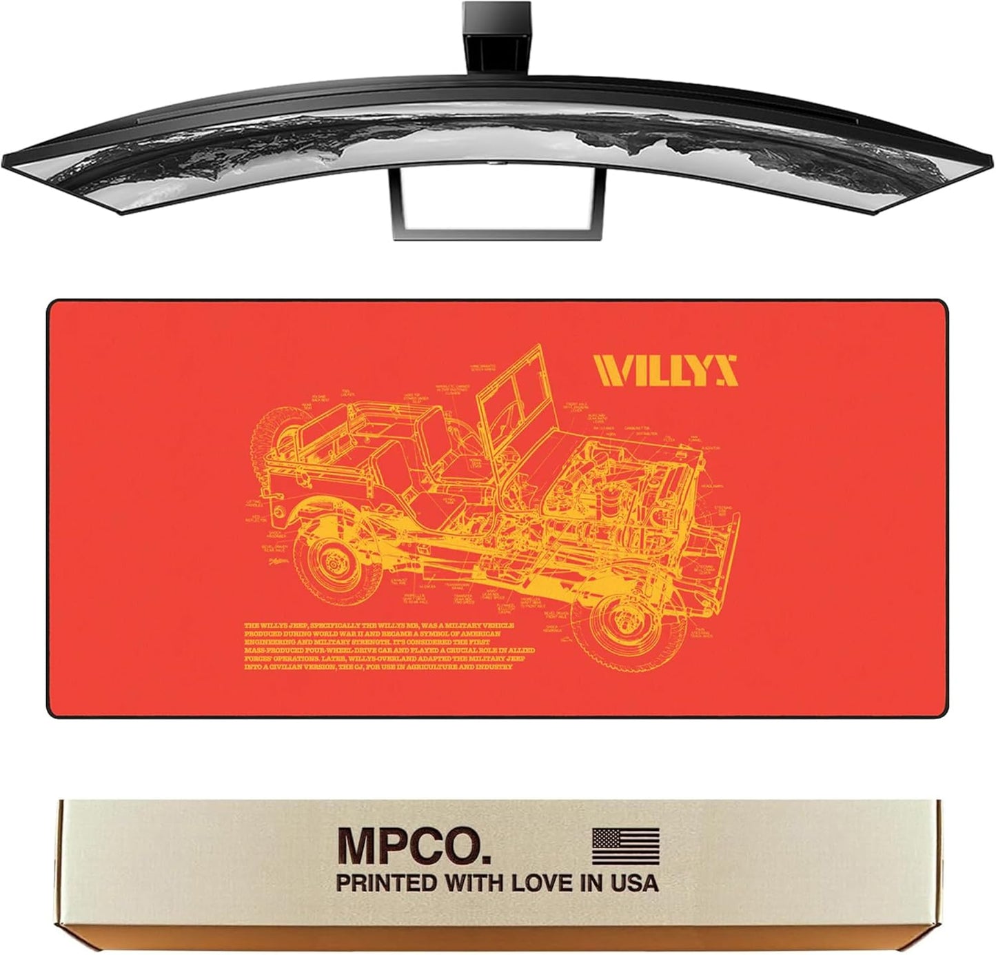 MPCO. Blueprints Large Gaming Desk Pad - 36" x 17" Aeroglyde Fabric Willys Jeep – Orange Desk Mats - Non-Slip, Washable, Smooth Glide for Precision Gaming & Work