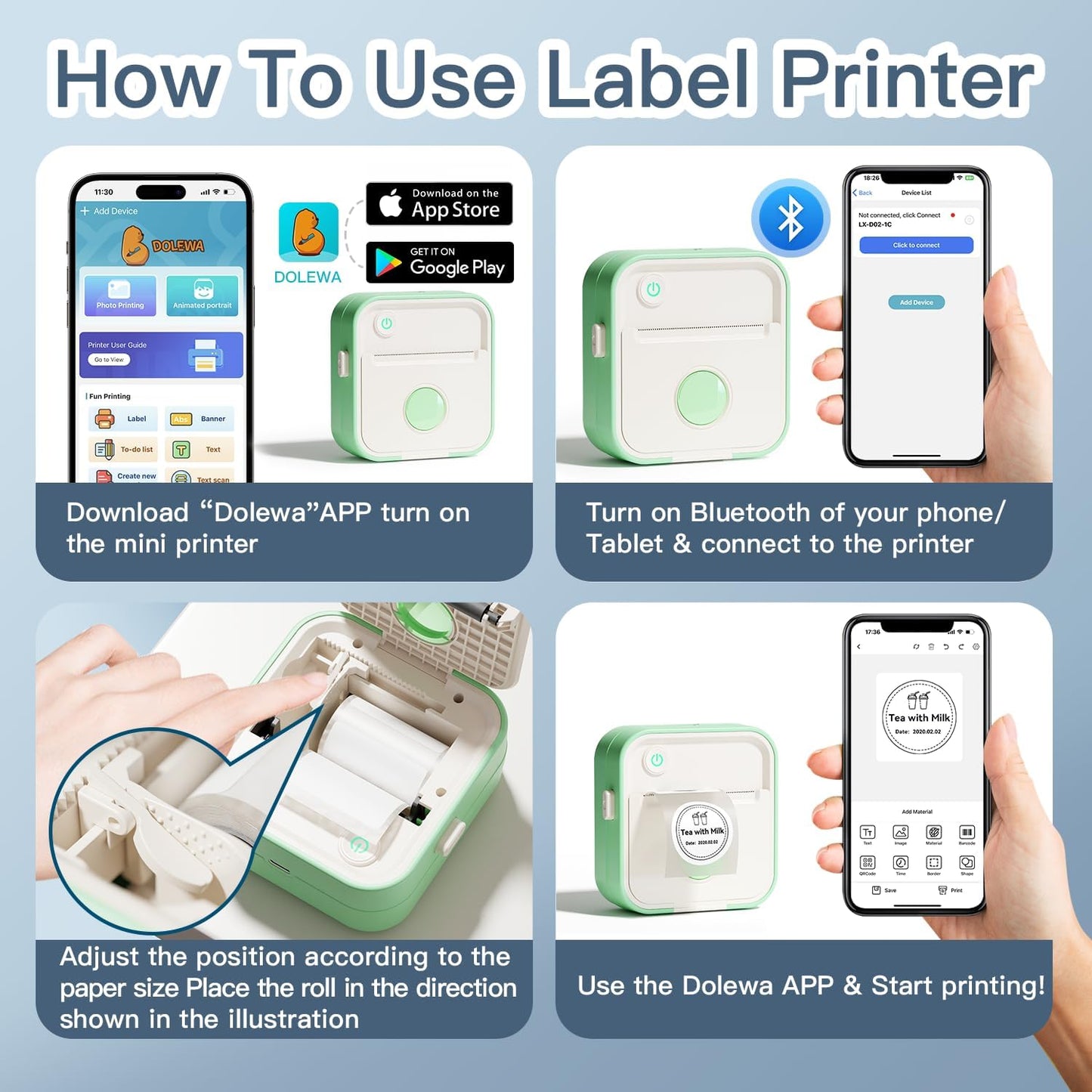 Label Maker Machine, HD Mini Sticker Printer with 7 Rolls Paper, Portable Thermal Print Pod Supports 12-57mm Papers, Bluetooth Pocket Printer for Home, Kitchen, School (Green)