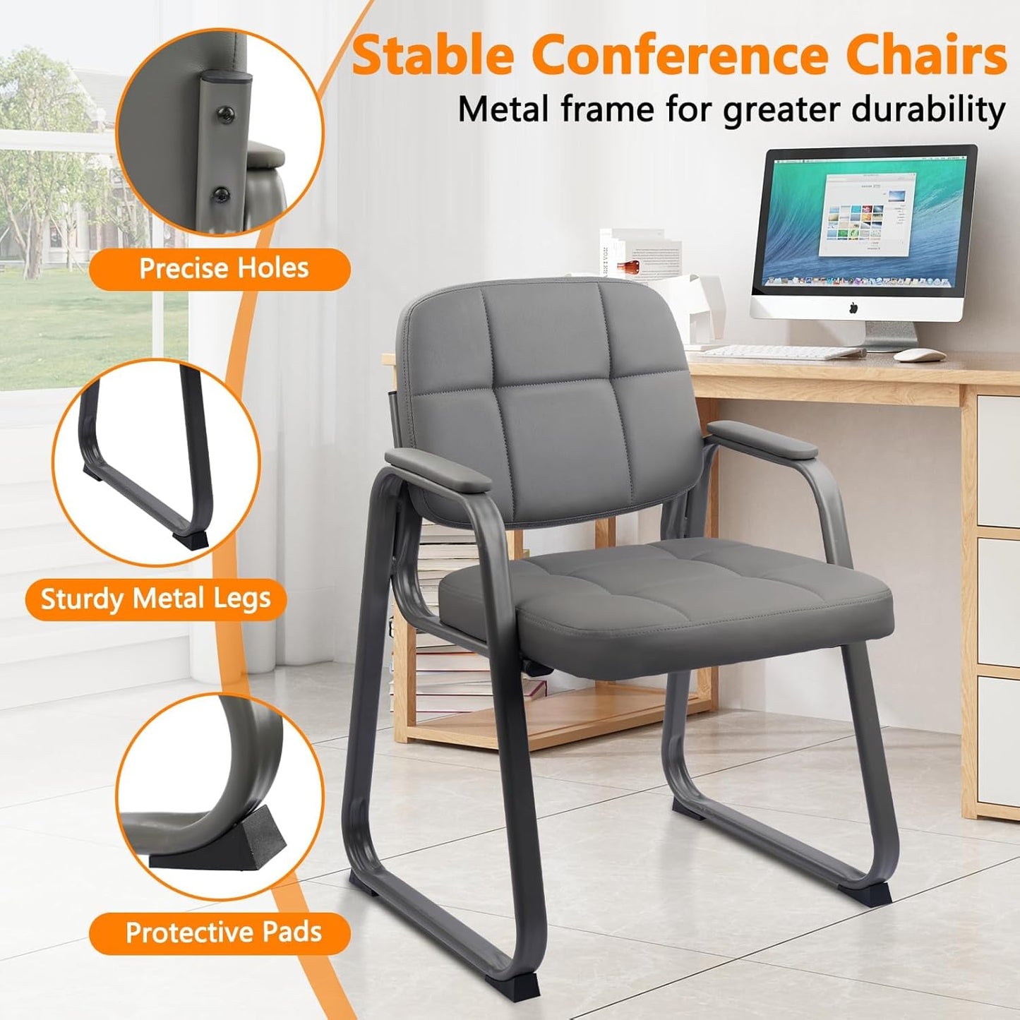 CLATINA Waiting Room Guest Chair with Bonded Leather Padded Arm Rest for Office Reception and Conference Desk Black with Sled Base Grey 8 Pack
