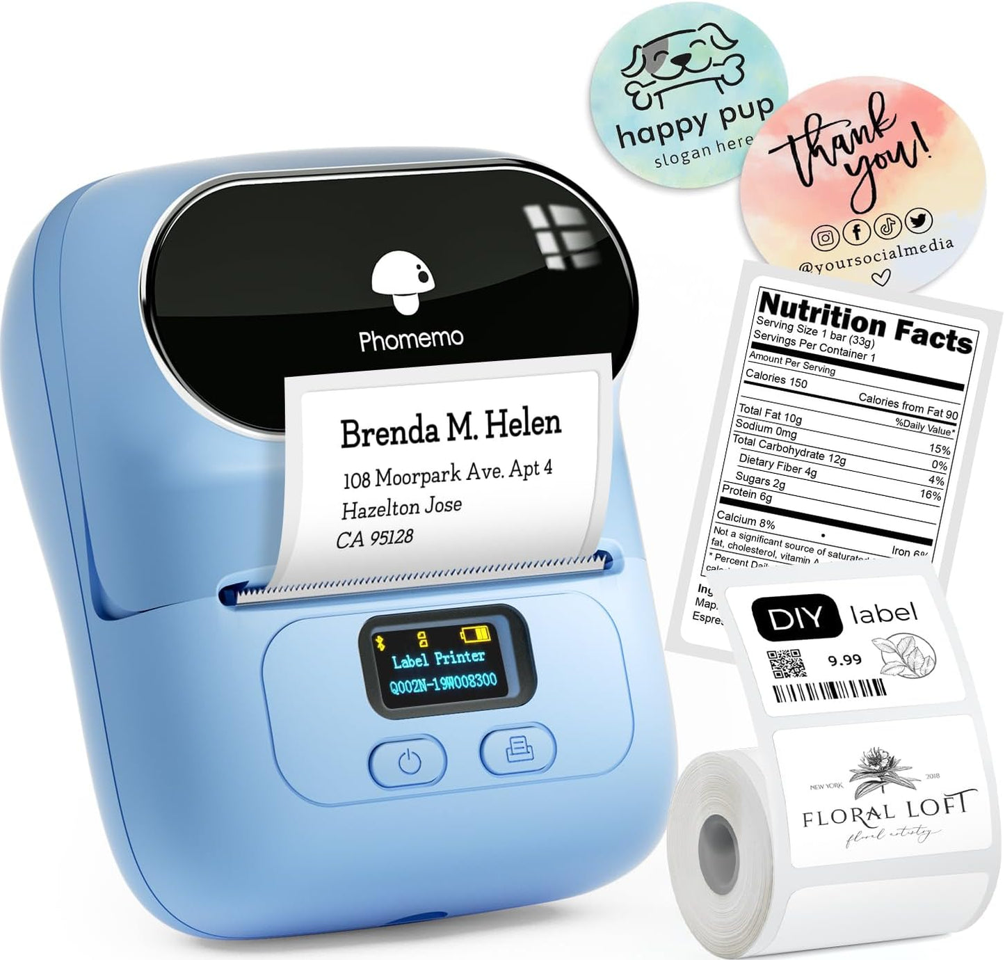 Phomemo Label Printer - M110 Barcode Printer, Upgraded Bluetooth Portable Thermal Label Maker for Product, Address, Small Business, Office, Home for Phone/Tablet/PC/Mac, with 100pcs Labels, Lake Blue
