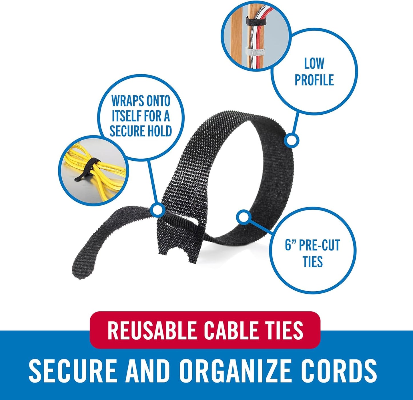 VELCRO Brand Reusable Cable Ties, 100 Pack 6 Inch Cable Management Ties, Cord Wraps for Electrical Cords, Black