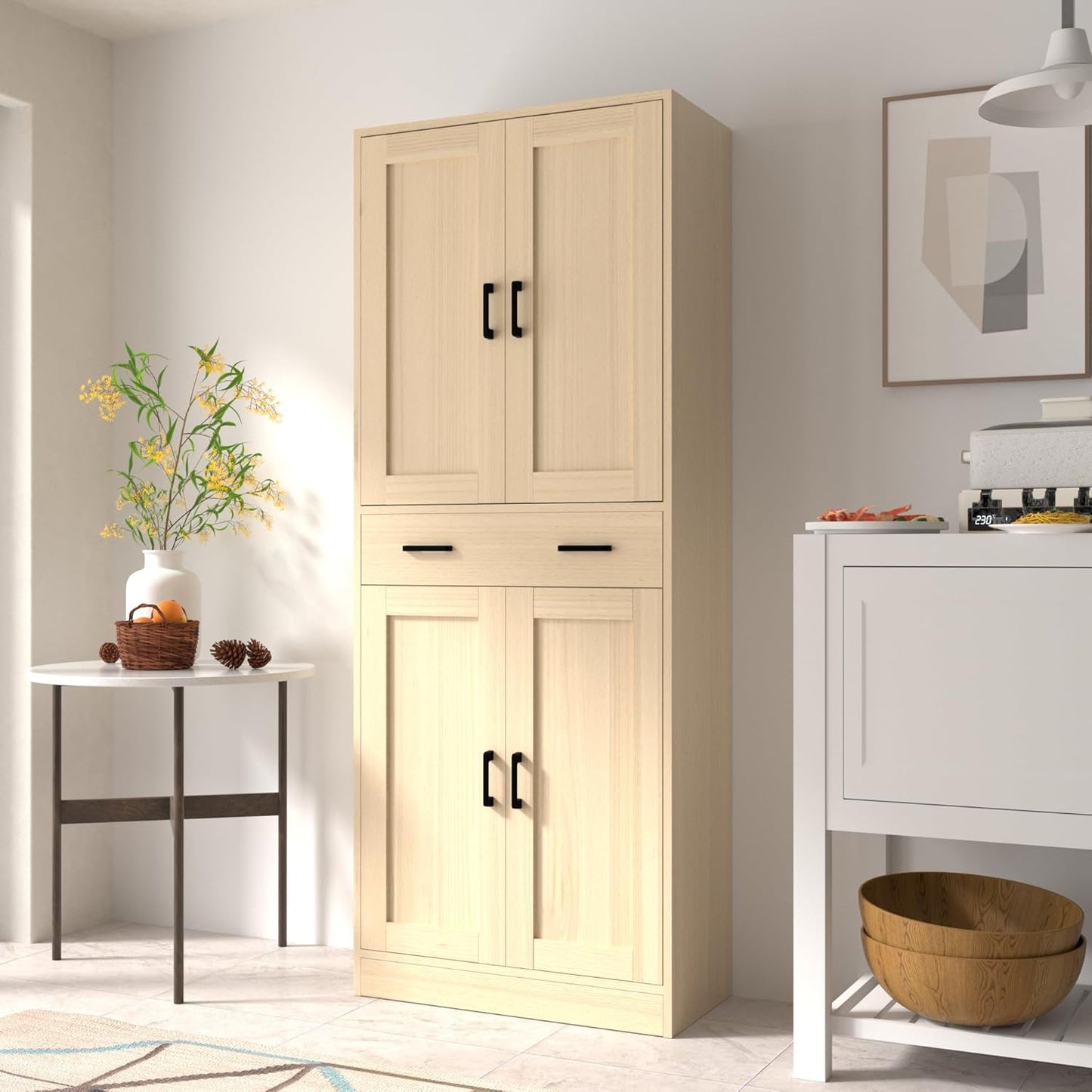 Oak Kitchen Pantry, 71" Tall Storage Cabinet with Doors and Drawer for Kitchen, Hallway, Office