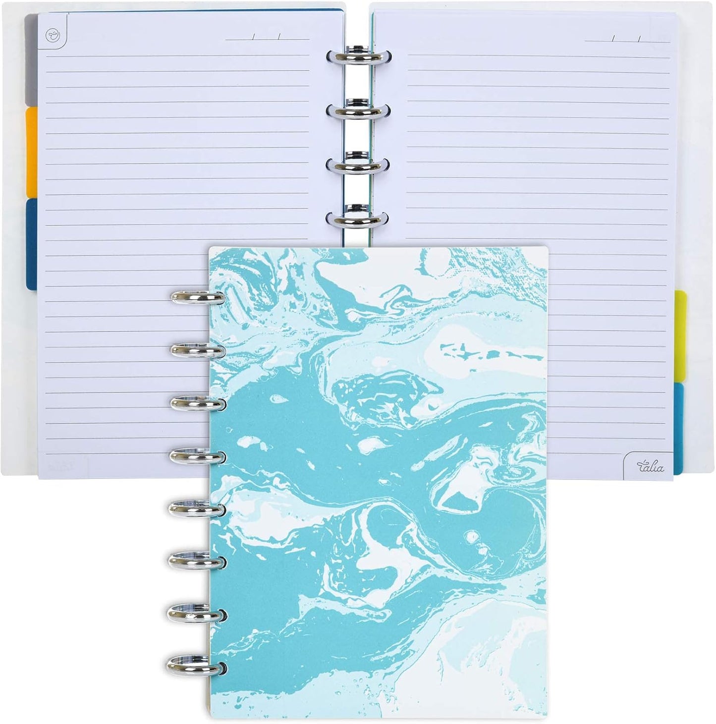 Talia Discbound Notebooks, Planner, Customizable, (yMarble Flow Turquoise w/Silver Discs, Junior (5.5in x 8.5in))