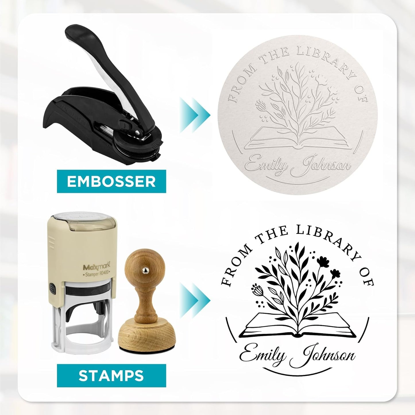 Custom Library Embosser - Style 115 - Embosser, Wood Stamp or Self Inking Stamp - Book Embosser Includes 50 Gold Seals - Custom Stamp Seal from The Library of