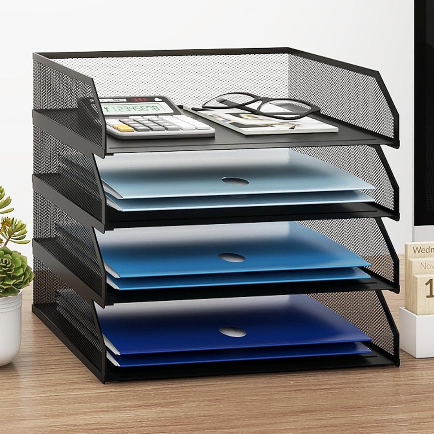 Natwind 4-Tier Stackable Paper Tray, Metal Mesh Desktop Organizer, A4 Desk Organizer, Stackable Letter Trays,File Folder Sorter Organizer with Sliding Tray for Home, Office, School (Black)