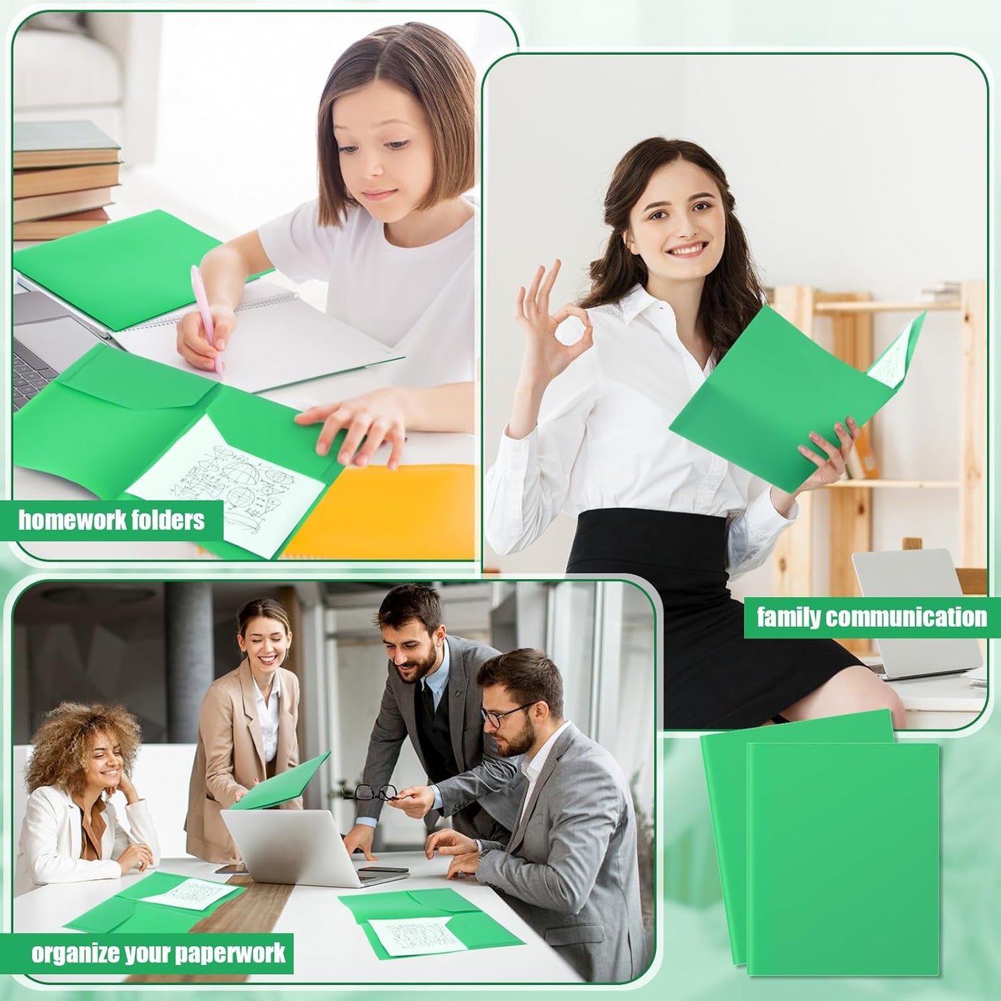 Gueevin 100 Pcs Two Pocket Folders Bulk Plastic File Folder with 2 Pockets Letter Size Paper Heavy Duty Durable Portfolios Case for Home Office School Business 11.61 x 9.45 Inch (Green)