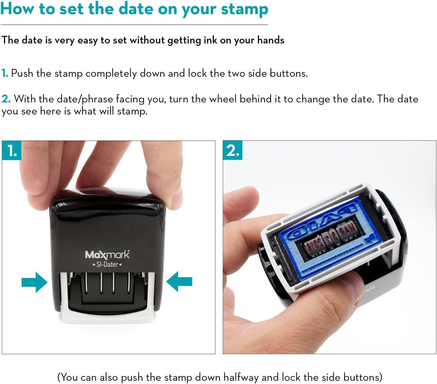MaxMark Office Date Self Inking Stamp with 2-Line Custom Text - 1" x 1-5/8” - Choice of Ink Color