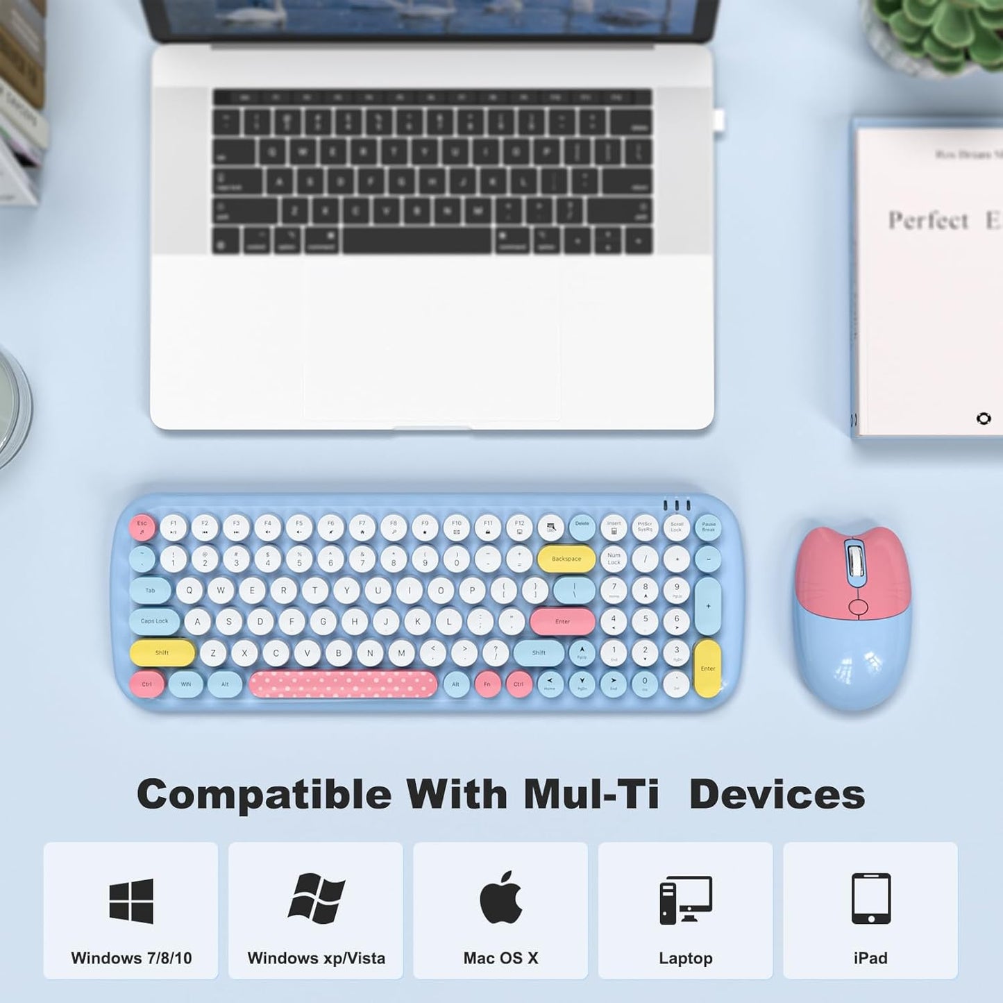 Wireless Keyboard and Mouse Combo, Typewriter Retro Keyboards with Cute Cat Shaped Wireless Mouse, 2.4 GHz USB Receiver Plug and Play for Windows, PC, Laptop, Desktop (Blue Colorful)