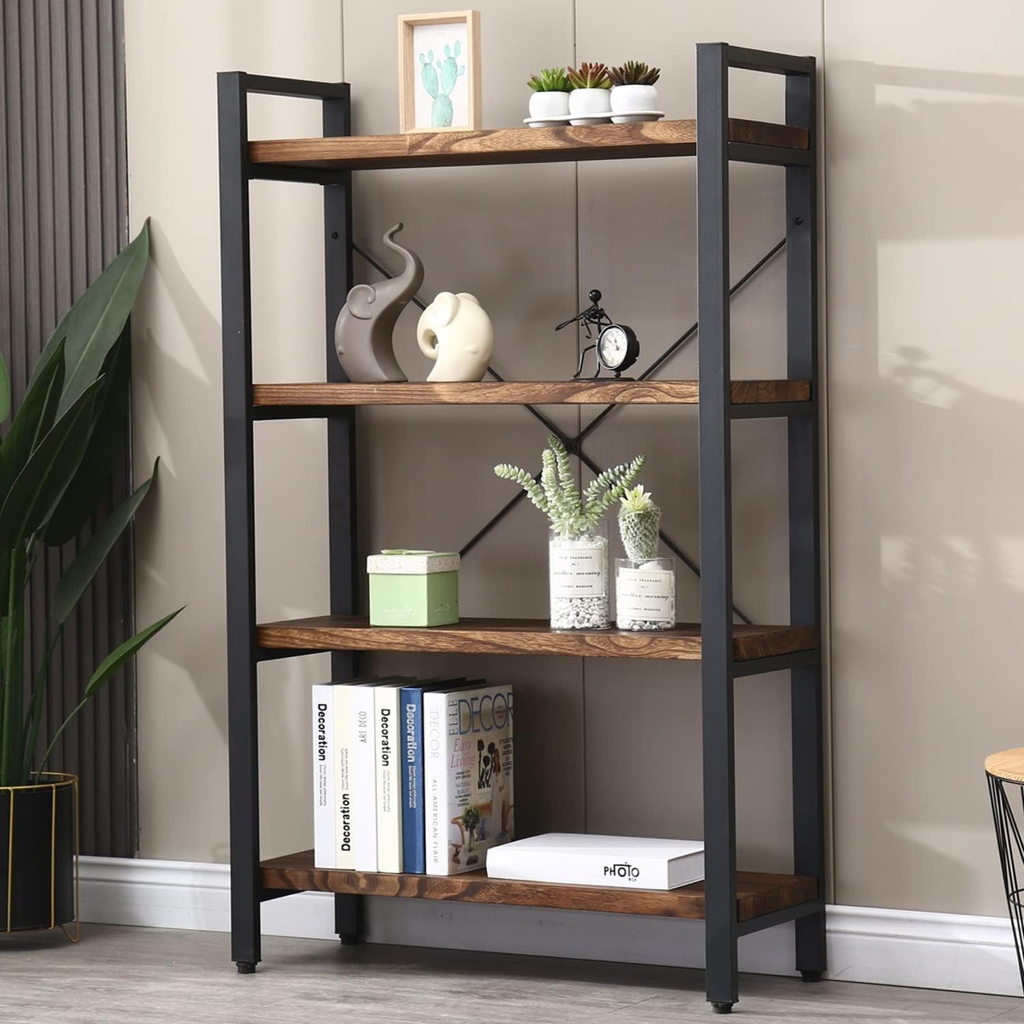 Solid Wood Bookshelf, 4-Tier Rustic Vintage Industrial Etagere Bookcase, Open Metal & Wood Vintage Book Shelf, Retro Brown