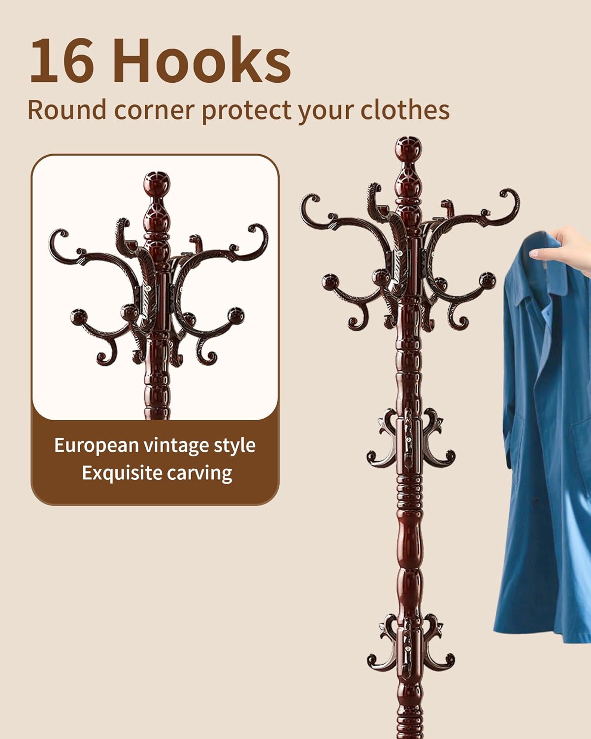 EZIVIEZ Wooden Coat Rack Stand, Solid Wood Freestanding Coat Rack, Vintage Coat Racks with 14 Hooks & Triangle Base, Standing Coat Hanger Jacket Tree Stand for Office, Entryway, Hallway