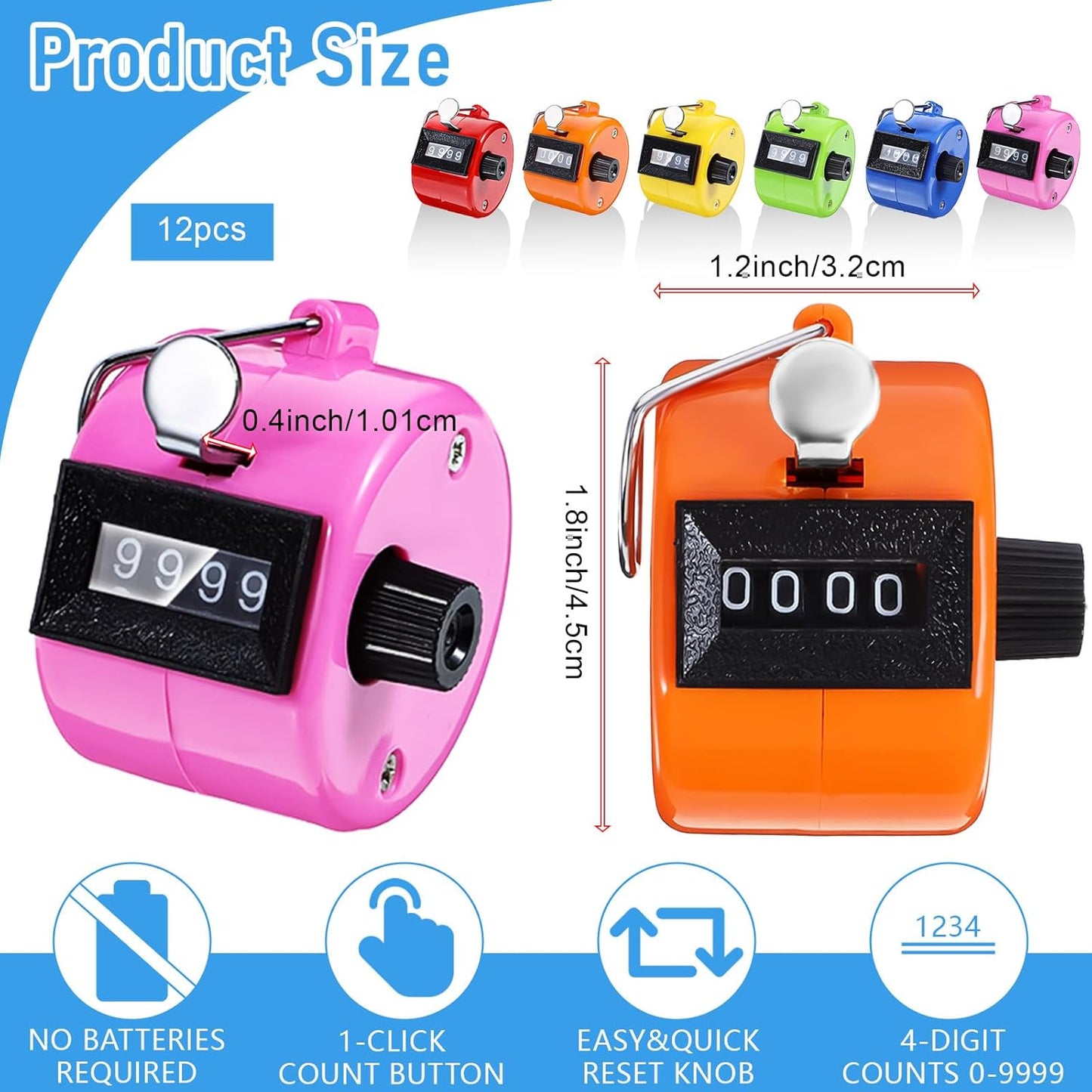 12 Pcs Handheld Tally Counter Digital, 4 Digit Number Hand Clicker Counter, Metal Mechanical Register for Coaching, Knitting, People, Golf and Row, Handheld Clickers