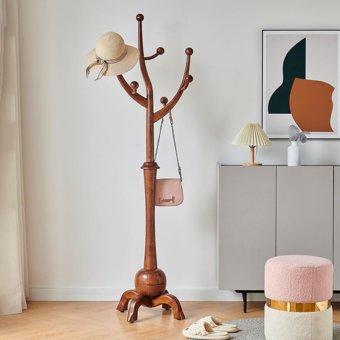Entryway Wood Coat Rack Stand with Tree Branch Hooks, Freestanding Wooden Hat Coat Tree