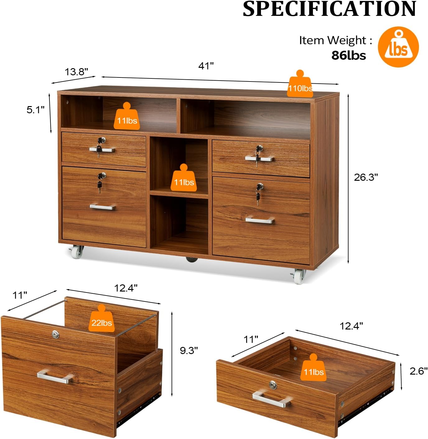 VINGLI Wide 4 Drawer Lockable Rolling File Cabinet with Open Shelves - Walnut Wood Lateral File Cabinet Printer Stand for Home Office, Letter Sized