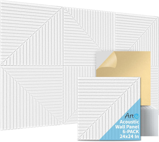 Art3d 6-Pack Self-Adhesive Acoustic Wall Panels for Home Décor, 24 x 24 Inch Soundproofing Panels for Office Studio Bedroom - High Noise Absorption Polyester Fiber, White