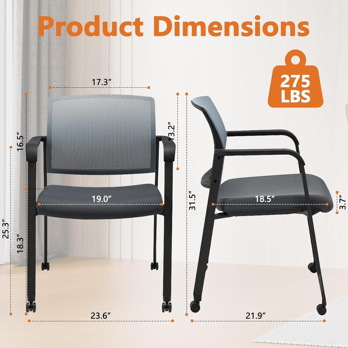 CLATINA Mesh Back Stacking Arm Chairs with Upholstered Fabric Seat and Ergonomic Lumbar Support for Office School Church Guest Reception (WithWheels Gray- 8 Pack)