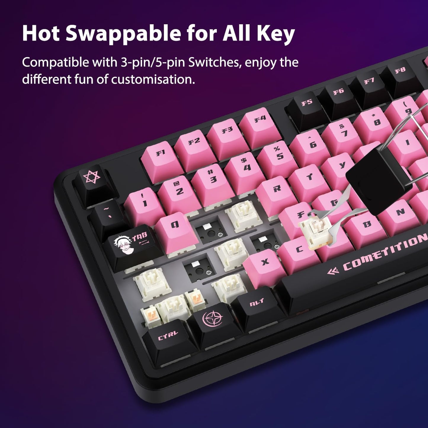 AUSDOM 98Pro Wireless Mechanical Keyboard, Tri-Mode Bluetooth/2.4GHz/USB-C Gasket Hot Swappable Custom Gaming Keyboard with Backlit, PBT Keycaps, Linear Switches, for Windows/Mac/PC (Manga Girl Theme)